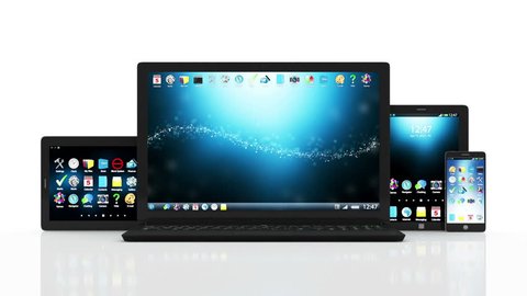 Animation of Modern Touchscreen Laptop with Smart Phone and Tablet PC. HQ Video Clip with Green Screen and Alpha Matte
