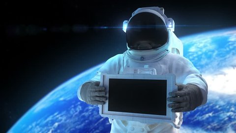 Astronaut with display. Animation of astronaut with the electronic display. Inside file matte mask, 3d trackers, and signs "Welcome", "For Sale", "Sale", "Best Price"