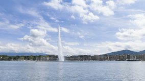 Timelapse of Geneva water fountain (Jet d'eau) in Geneva, Switzerland. 