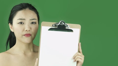 Asian girl naked beauty young adult isolated greenscreen green background upset blank sign