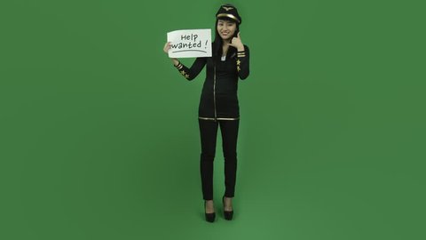 Asian air hostess isolated greenscreen green background worried help wanted
