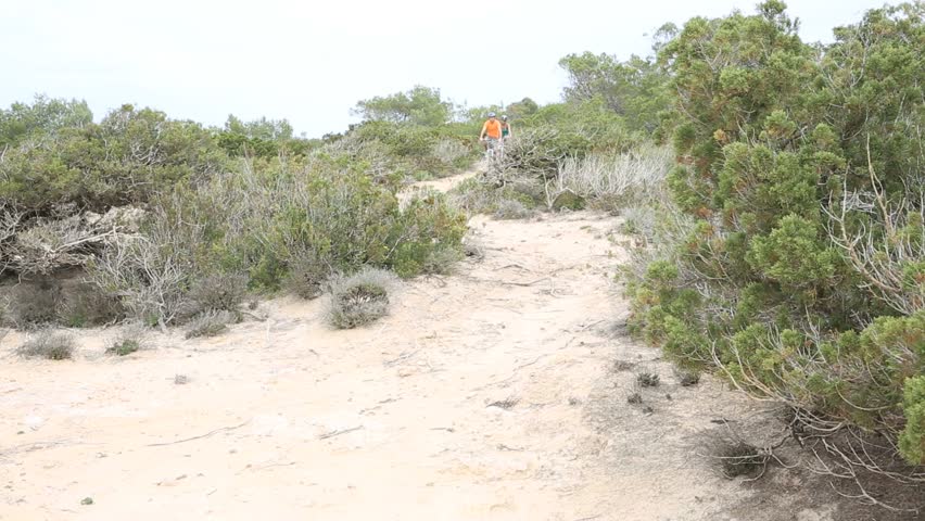 Couple riding bikes on island trail