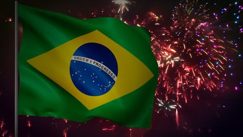 Flag of Brazil with spectacular fireworks display in the background