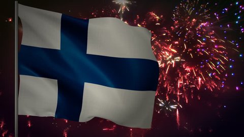 Flag of Finland with spectacular fireworks display in the background