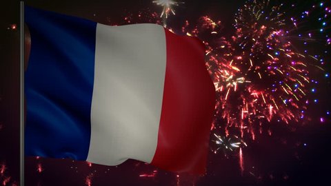 Flag of France with spectacular fireworks display in the background