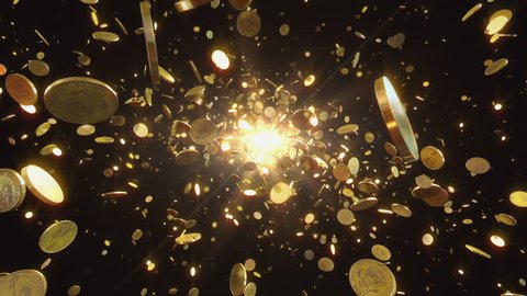 Coins flight. Animation shows the coins flying towards the camera. This one dollar coins is gold. Animation best suitable for all kinds of animated backgrounds on events.