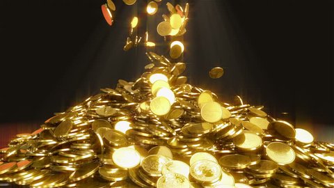 Falling coins. High quality animation of falling coins. This is one dollar gold coins. Animation generated in great 3D physics system. On the top we see the beam of light for mystical atmosphere.