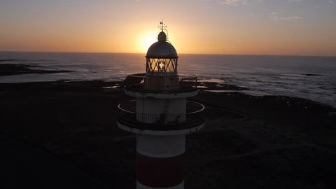 AERIAL: Flying over the lighthouse at sunset