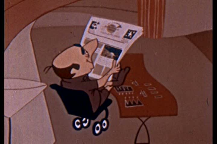 CIRCA 1950s - The boss of a company flips through a newspaper and notices the car advertisements before driving home in this 1950s animated film about the future