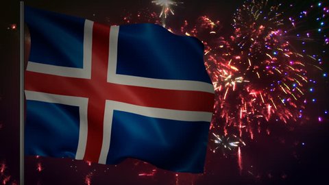 Flag of Iceland with spectacular fireworks display in the background 
