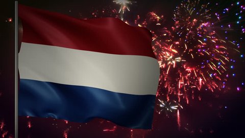 Flag of Netherlands with spectacular fireworks display in the background 