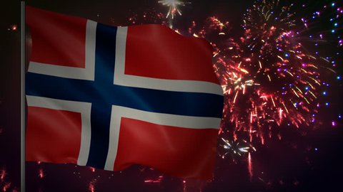 Flag of Norway with spectacular fireworks display in the background 