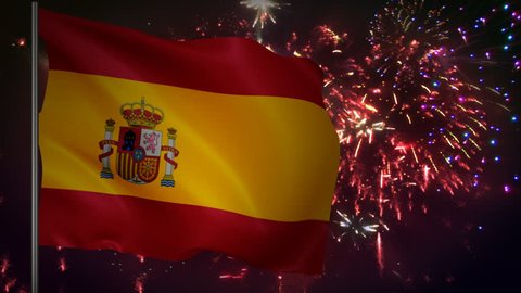 Flag of Spain with spectacular fireworks display in the background 