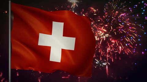Flag of Switzerland with spectacular fireworks display in the background 
