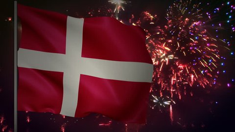 Flag of Denmark with spectacular fireworks display in the background 