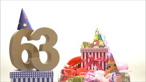 Number of age in a colorful studio setting with paper party hats, a hearts and gifts 