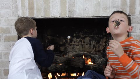 Two brothers having fun roasting marshmallows in a gas log fireplace.