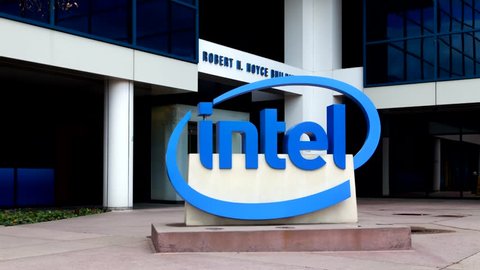 SANTA CLARA, CA/USA - MARCH 1, 2014: Intel Sign at Corporate Headquarters. Intel is a multinational corporation and inventor of the x86 microprocessor, the processors found in personal computers.