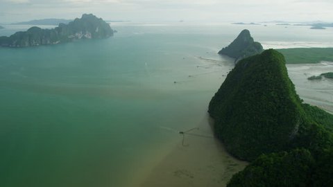 Aerial view Phang Nga Bay surrounded by hauntingly beautiful limestone rock formations mangrove forest Thailand, RED EPIC