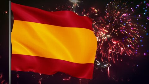Flag of Spain with spectacular fireworks display in the background 