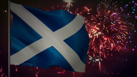 Flag of Scotland with spectacular fireworks display in the background 