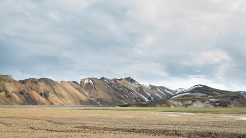 4K Version of Tourists walking under colorful mountain landscape, Landmannalaugar, Iceland