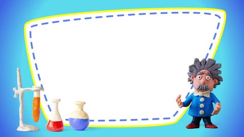 Blue Plasticine frame with scientist, looping, alpha. (Blue theme) Stop motion animation.