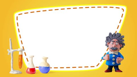Plasticine frame with scientist, looping, alpha. (Yellow theme) Stop motion animation