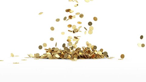 Animation of Falling Golden Coins on white background. HQ Video Clip with Alpha Channel