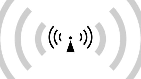 Animation using the internationally recognized non ionizing radiation symbol on a white background with the radiation waves pulsing from the radio tower and outwards and towards the viewer.