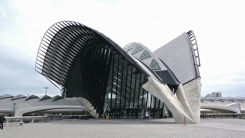 LYON, FRANCE - May 10, 2014: Modern and aerodynamic building of Gare de Saint-Exupery TGV, tilt up view on May 11. Saint-Exupery station was designed by Santiago Calatrava, cost 750 million Francs
