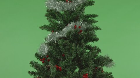 christmas tree isolated on chroma green screen background close-up