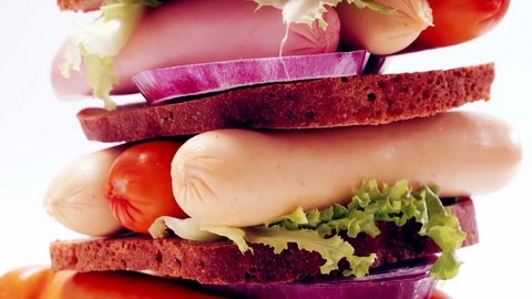 fresh beef meat sausage sandwich with green salad and tomatoes 1920x1080 intro motion slow hidef hd