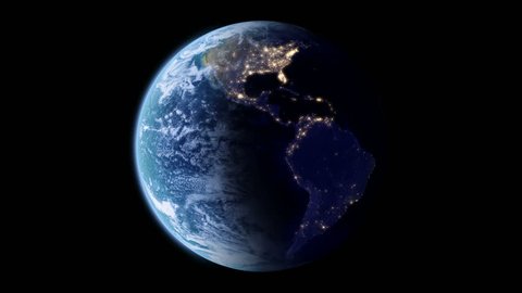 4K Slowly rotating Earth with night lights, seamless looped 3d animation