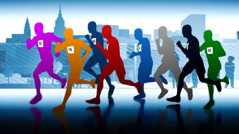 A group of runner silhouettes. A series of multi-colored runners