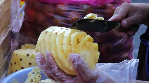 How To Cut A Pineapple, Thai, Colorful Street Food Life in Bangkok, Thailand