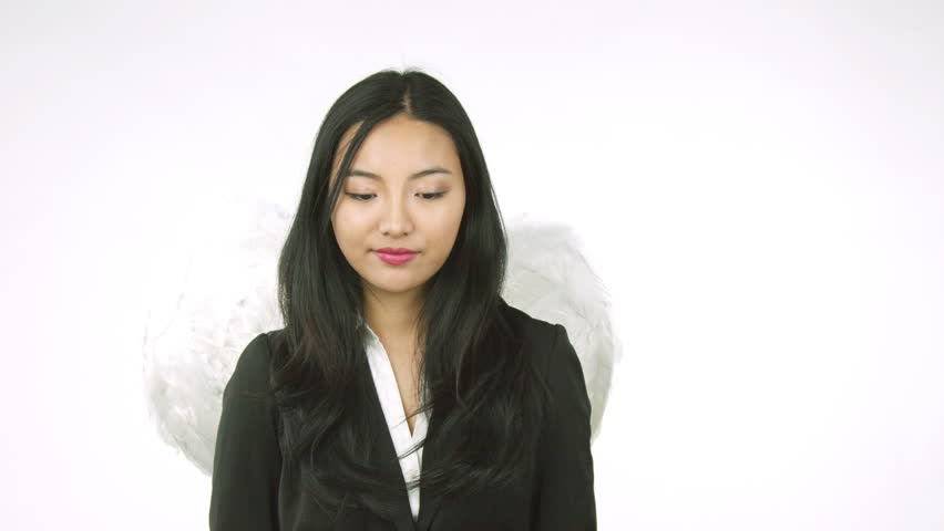 4k asian business woman angel cut out isolated on white background fingers crossed luck