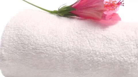 Zoom out on Spa towel topped with hibiscus flower isolated on white V3
