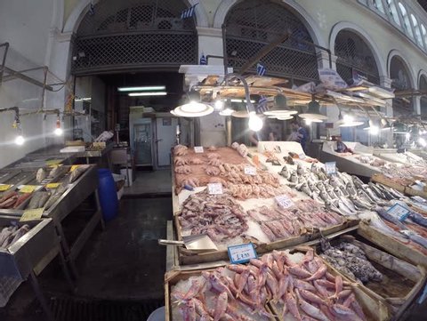 ATHENS - CIRCA May 2014, a busy indoors fish market in downtown, Athens. 