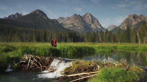 Wide shot of young couple viewing beaver dam on lake with mountains in background / Redfish Lake, Idaho, United States