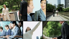 Video montage Chinese African American Caucasian business meetings - 3D video montage of Chinese, African American, Caucasian business managers meeting city __traffic Hongkong skyscrapers