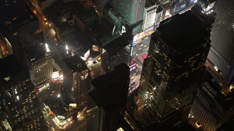 Aerial view over Broadway and Times Square in Manhattan, New York, at night. Filmed in 4k in March 2014.