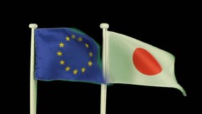 Flag of Europe and Japan isolated by chroma key. Real polyester flag on white wooden flag pole. No animation or slow motion.