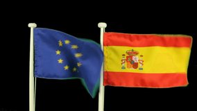 Flag of Europe and Spain isolated by chroma key. Real polyester flag on white wooden flag pole. No animation or slow motion.