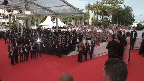 CANNES, FRANCE - MAY 2014: Pan of cast of "The Search" on the steps of the red carpet for the premiere of their film at the 67th Cannes Film Festival.