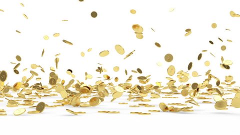 Rain from Golden Coins Business Financial Concept. Animation of Falling Golden Coins on white background. HQ Video Clip with Alpha Channel