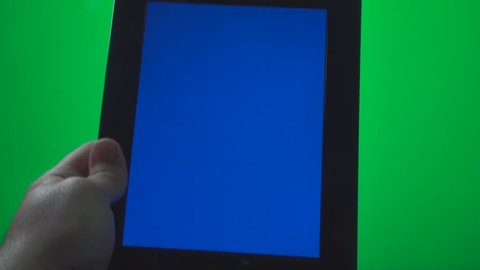 Hands Using A Blue Screen Tablet PC On A Green Screen, Chroma, Key, Technology, Holding The Tablet In Portrait Mode Playing Games