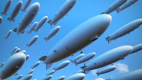Large fleet of airships, dirigibles or blimps in a blue sky flying diagonally across the frame, view from underneath.