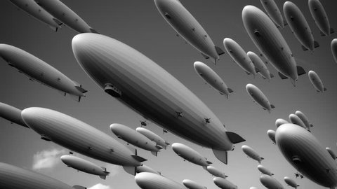 Large fleet of airships, dirigibles or blimps in a bright sky flying diagonally across the frame, view from underneath. Black and white