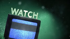 Watch retro TV playing static with snowflakes and text.